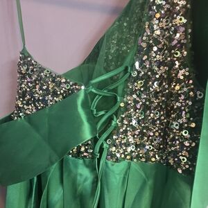 Fun Green Silk  Sequins Dress With Slit Down The Front
